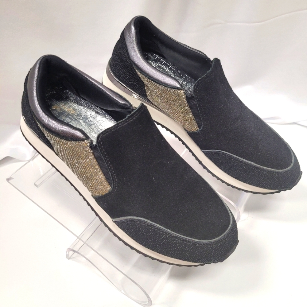 Karl Lagerfeld Giselle Black and Gold Slip-On Sneakers